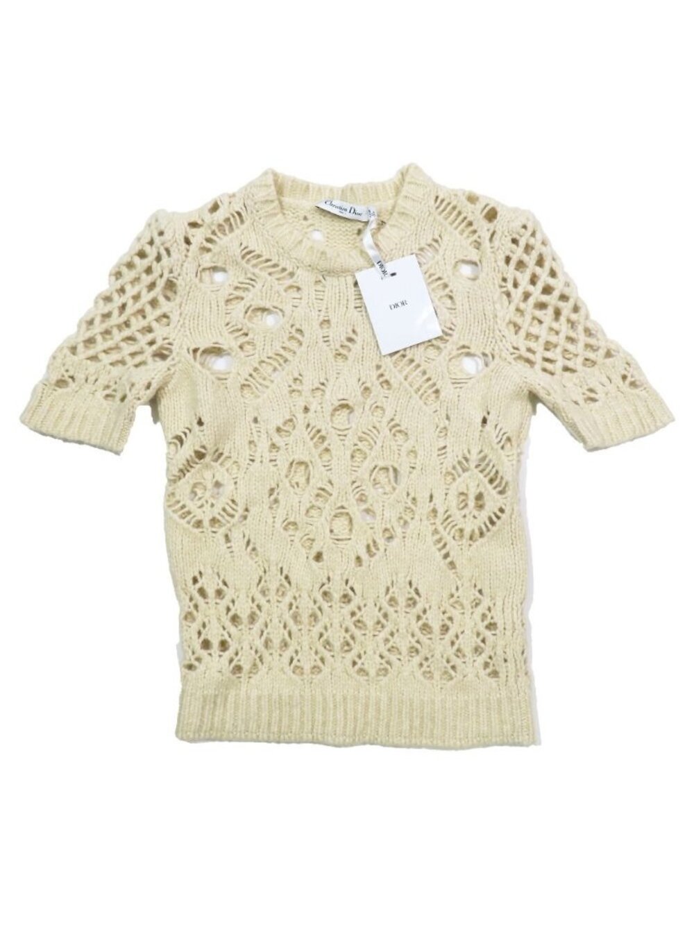 Dior Wool Camel Short Sleeve Crochet Knit Sweater 40 Ivory